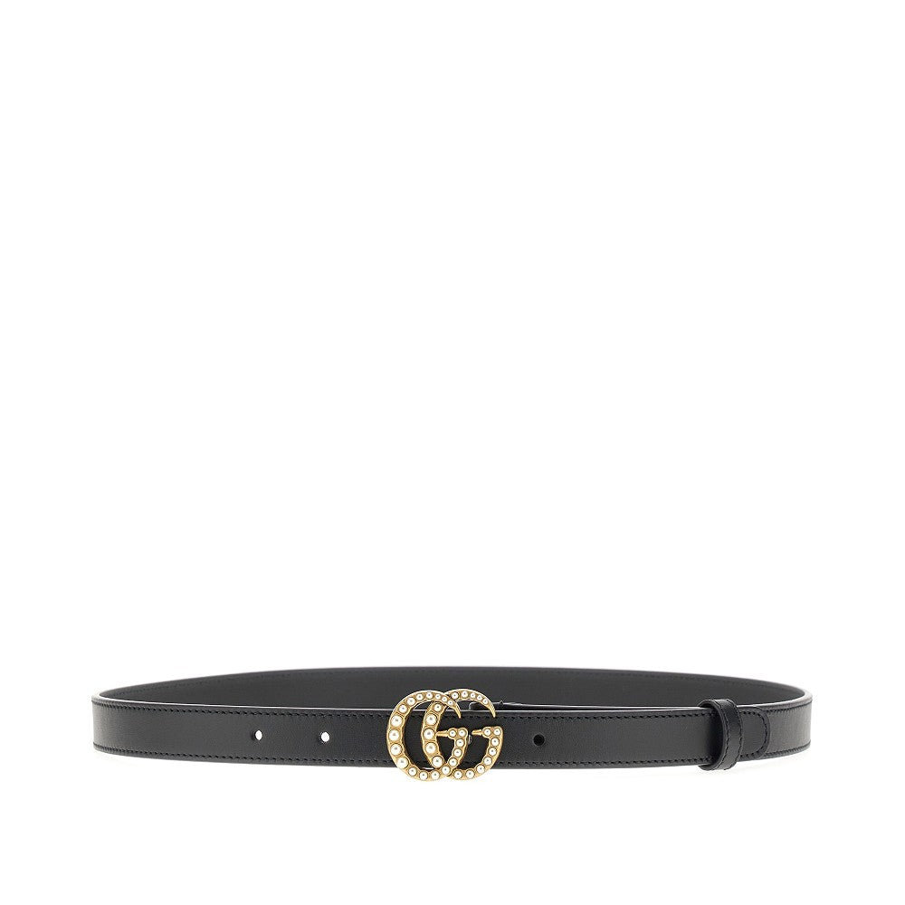 Leather belt with GG buckle with pearls