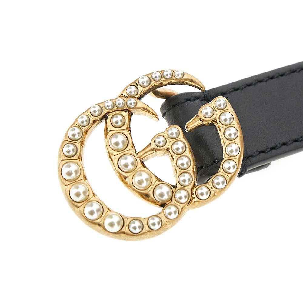 Leather belt with GG buckle with pearls
