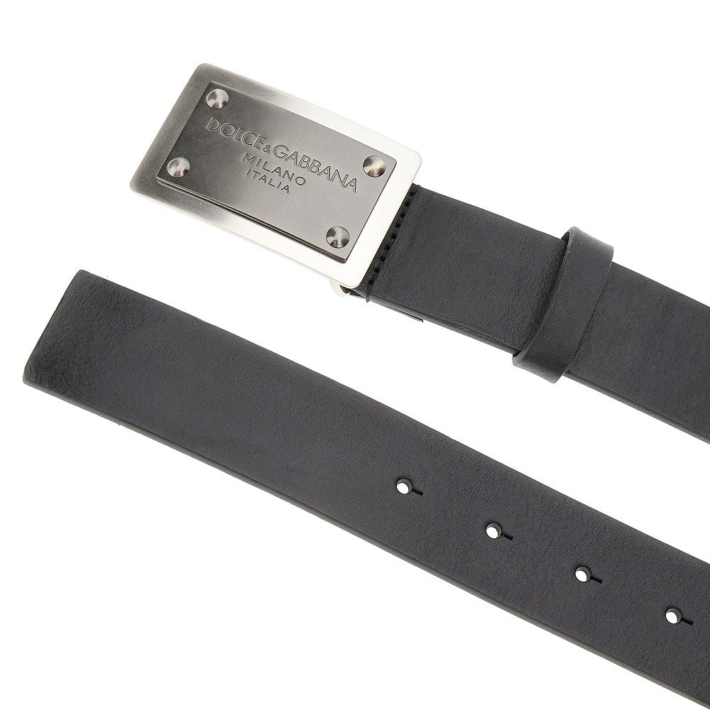 Leather belt with logo plate