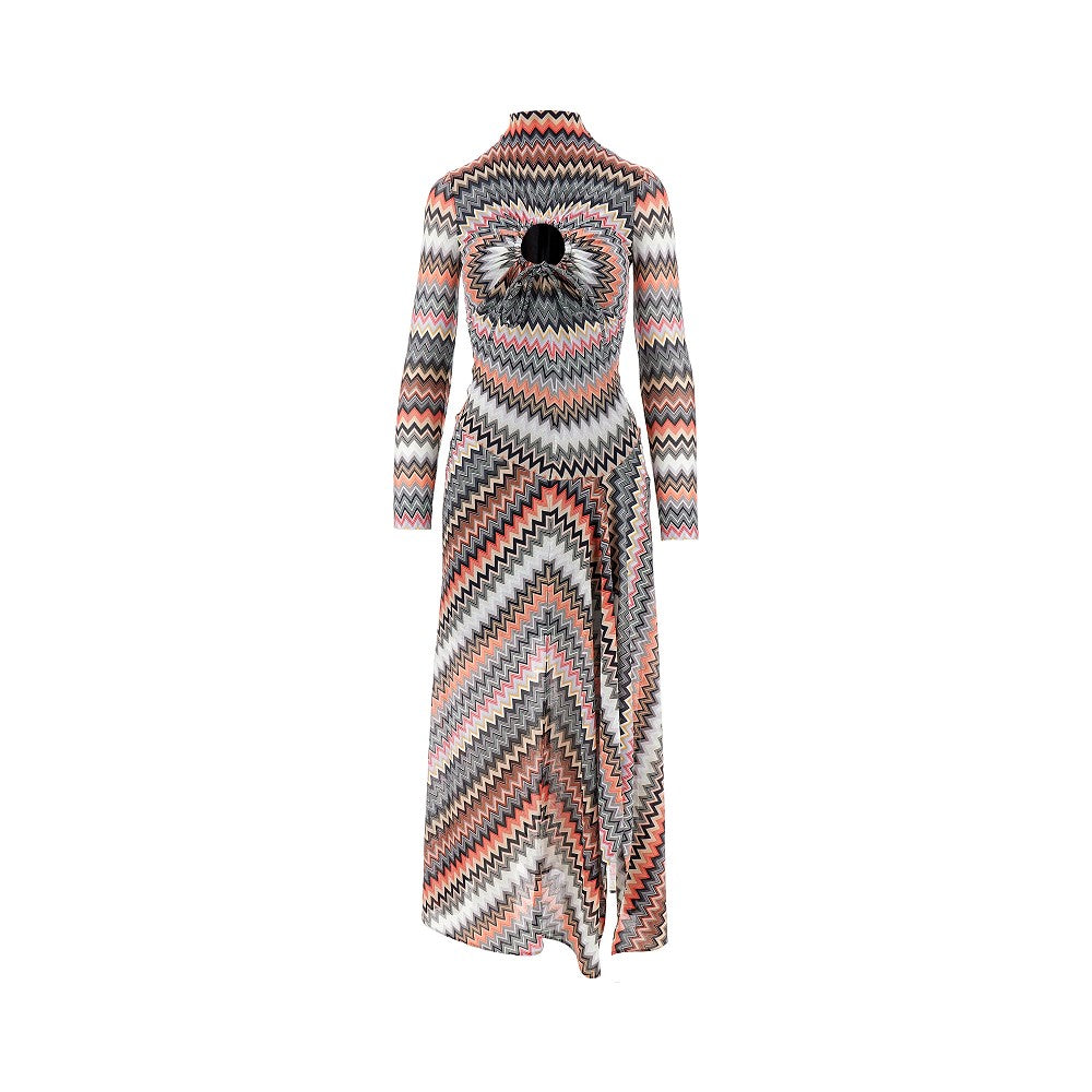 Chevron knit long dress with cut-out details