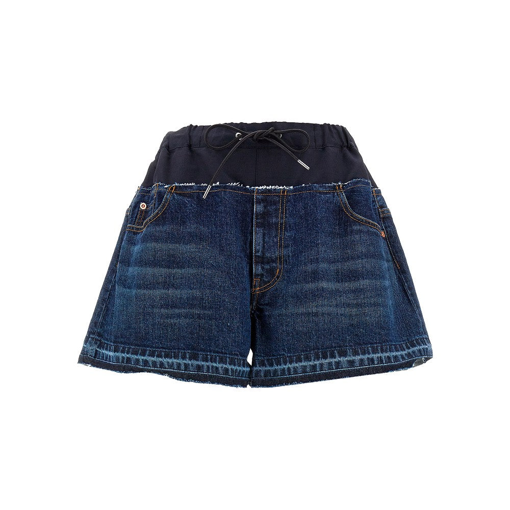 Denim and  technical fabric shorts