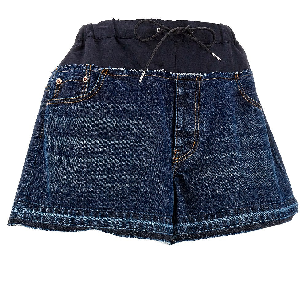 Denim and  technical fabric shorts