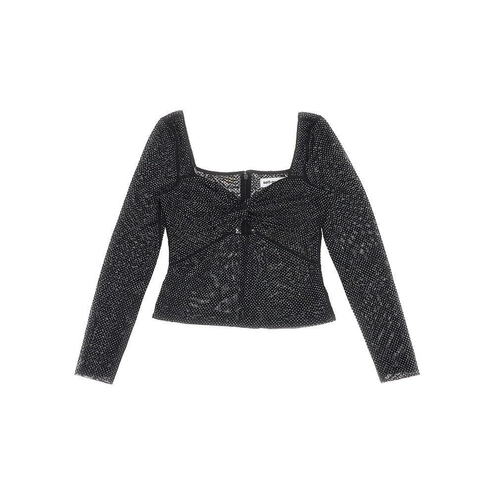 Top in mesh con strass all-over